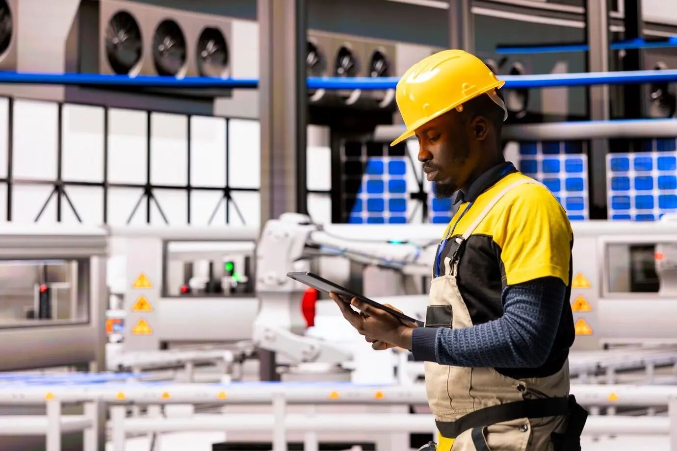 Empleado de una fábrica automatizada gestiona el sistema de automatización industrial.