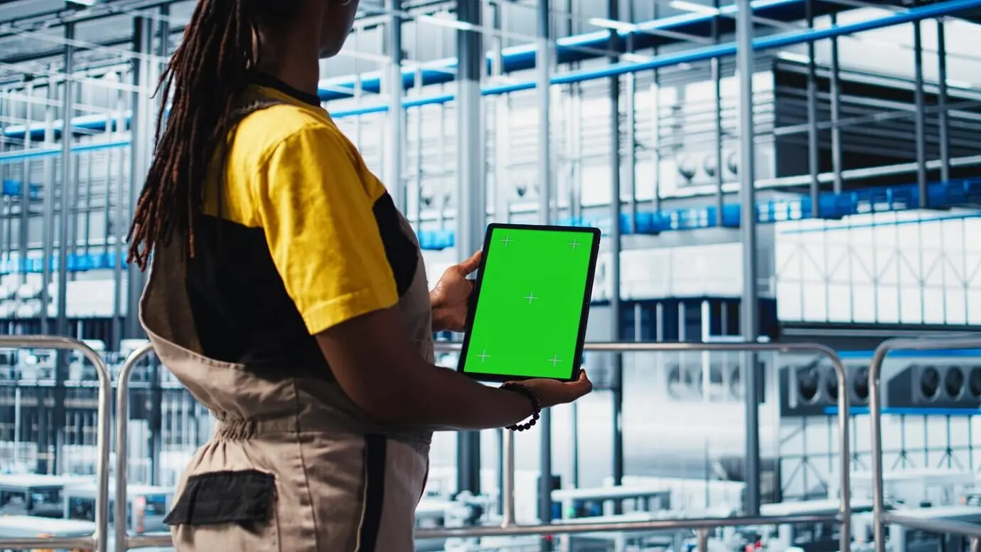 Ingeniero de una fábrica inteligente implementa flujos de trabajo automatizados utilizando una tableta con pantalla verde.